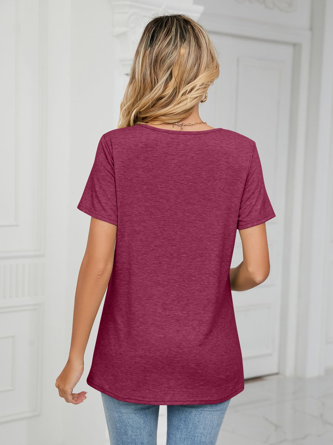 Ruched V-neck jersey top in deep purple with short sleeves and a relaxed fit.