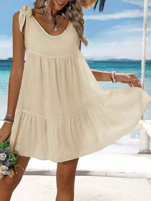 Apricot cotton tie strap mini dress with tiered hem