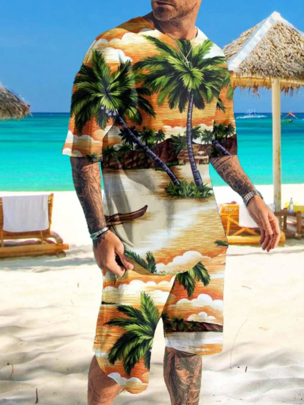Men's crew neck two-piece set with vibrant tropical beach ombre print.