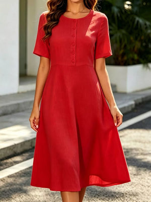 Button Detail A-line Midi Dress in Red, close-up detail