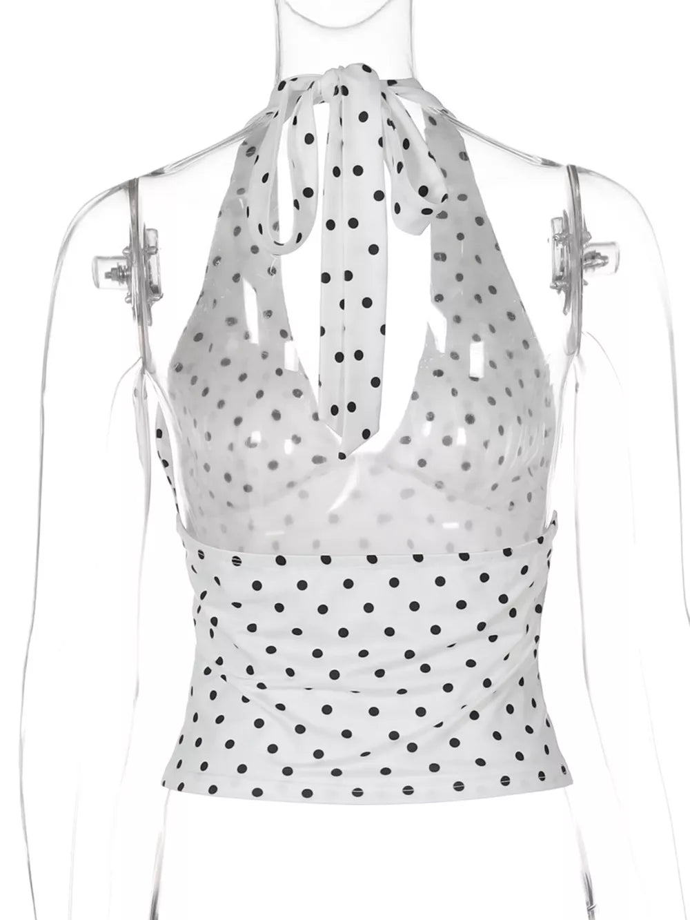 White polka dot halter cami with tie neck and cropped fit.