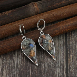 Pebble mosaic teardrop earrings in silver with colorful stone inlay.
