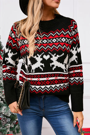 Black acrylic sweater with festive Fair Isle reindeer and geometric pattern, mock neck.