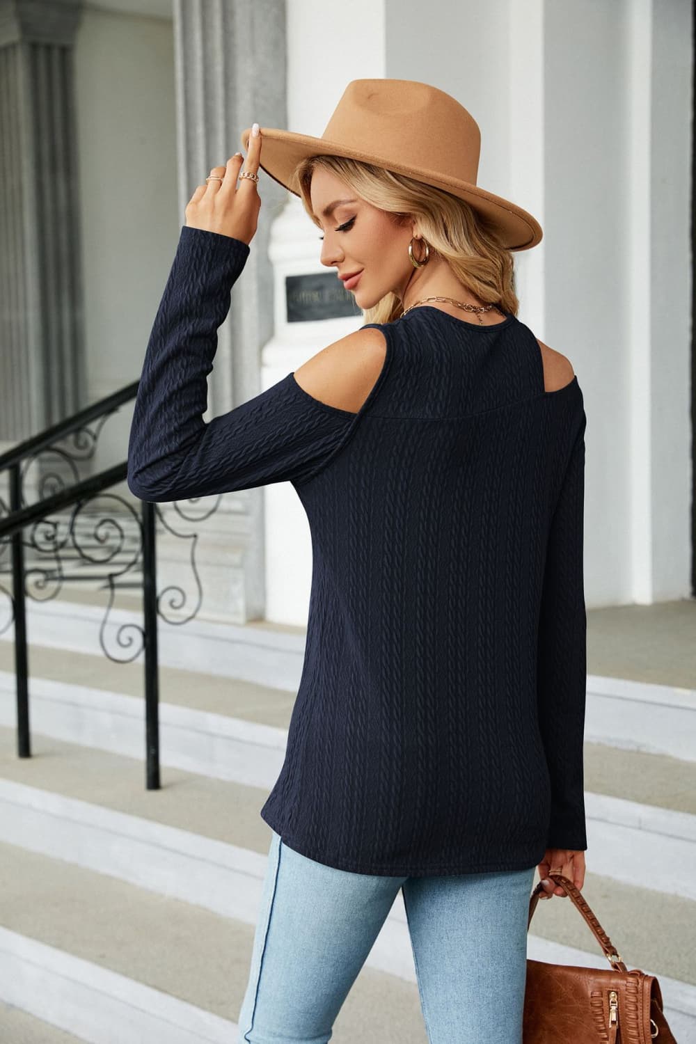 Navy textured knit cold-shoulder long sleeve top