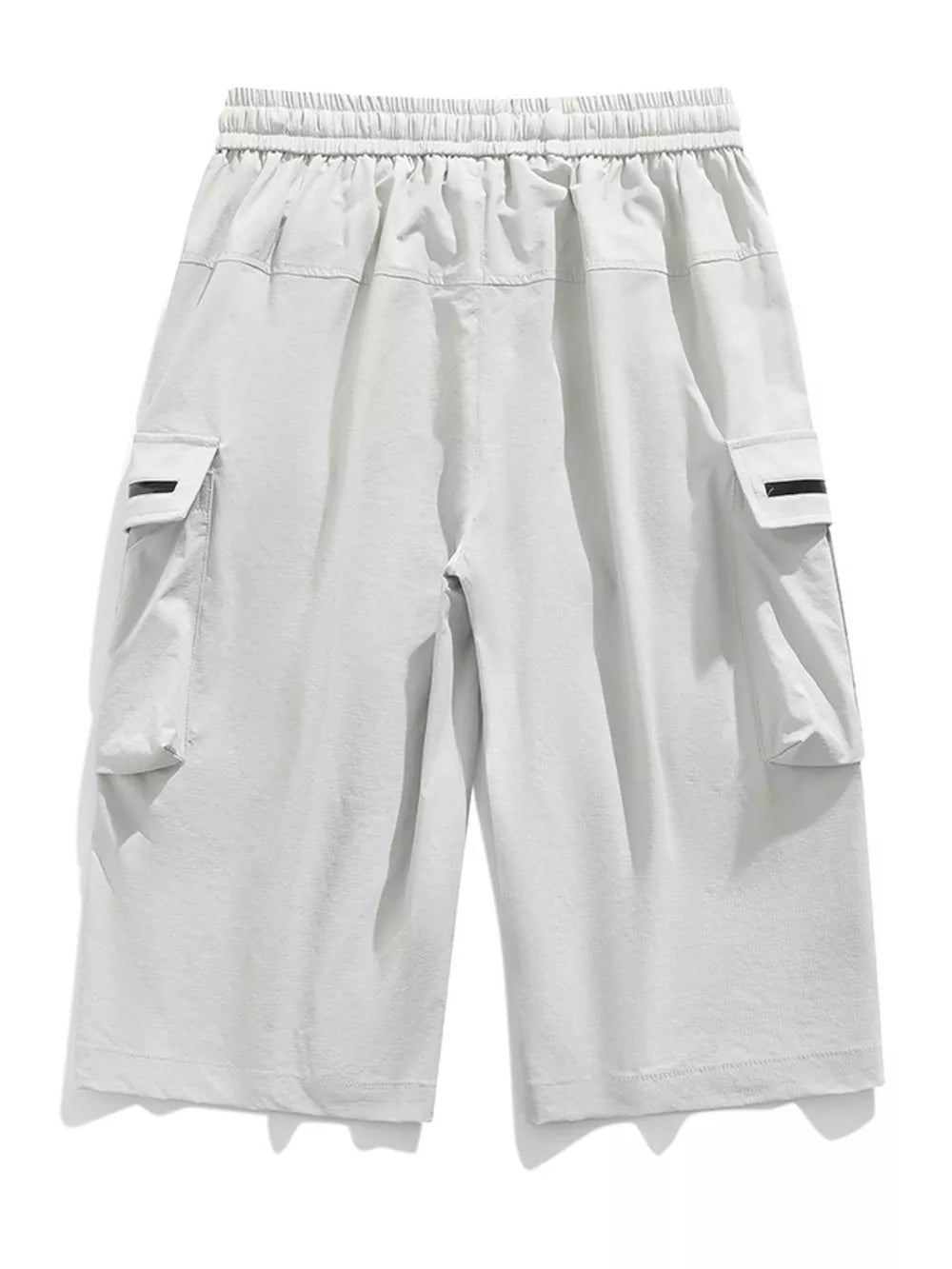 Light gray cargo shorts with elastic waistband and zippered pockets.