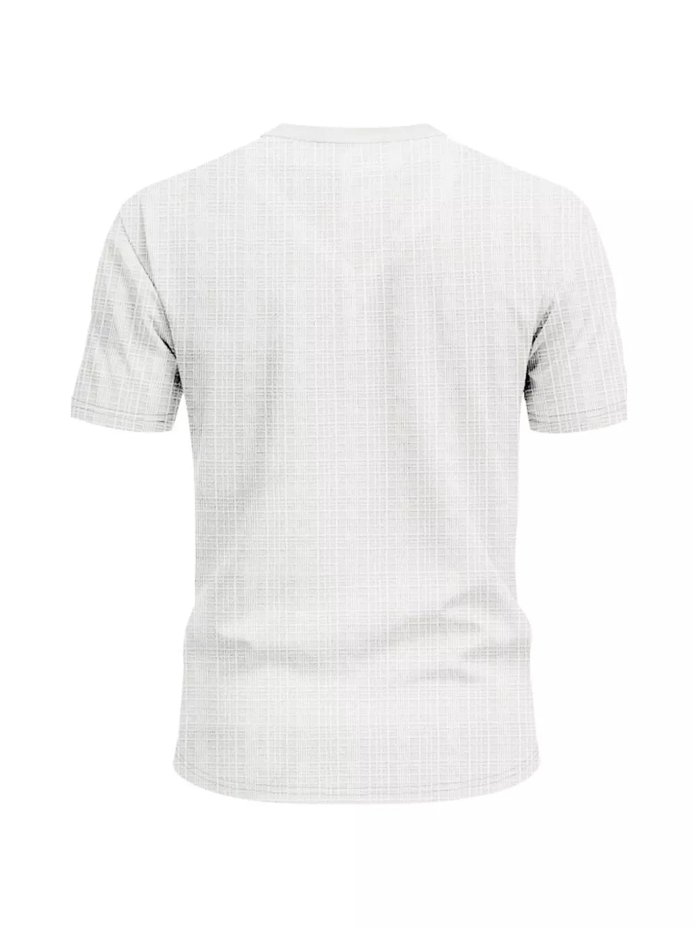 Men's white cotton t-shirt with subtle grid pattern, crew neck, short sleeves.
