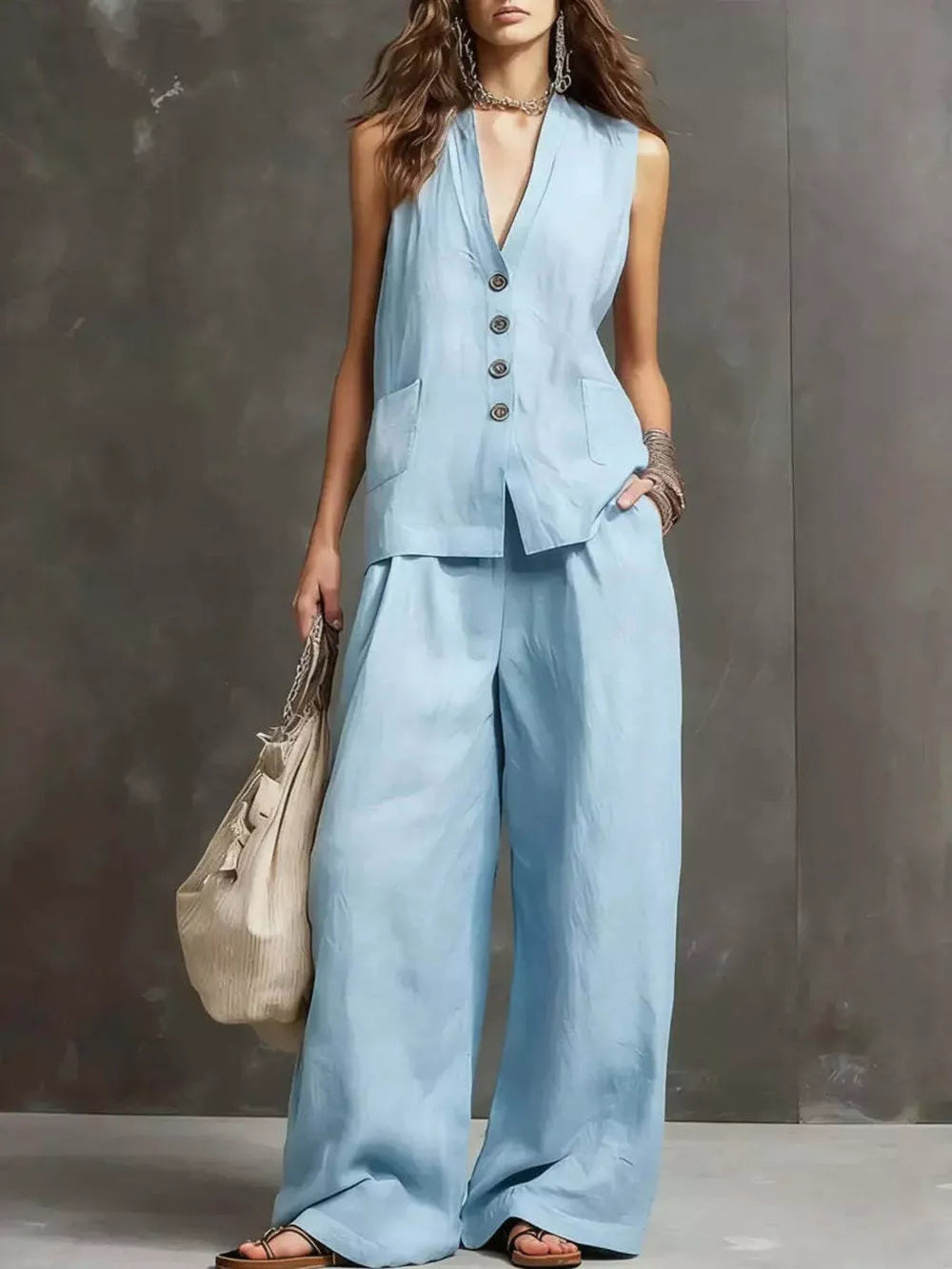 Sleeveless Buttoned Vest And Wide-leg Pants Set, model styling view