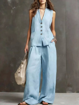 Sleeveless Buttoned Vest And Wide-leg Pants Set, model styling view