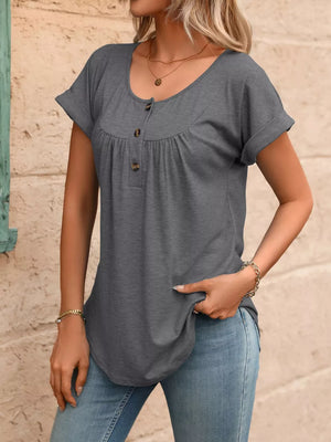 Gray relaxed henley t-shirt with button detail and cuffed sleeves