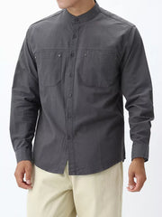 Dark gray cotton casual long sleeve shirt with button-down front and chest pockets.