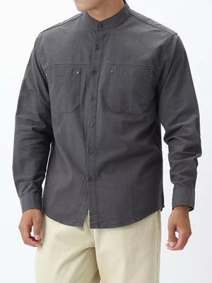 Dark gray cotton casual long sleeve shirt with button-down front and chest pockets.