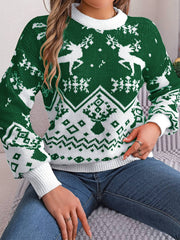 Green acrylic knit sweater with reindeer and snowflake fair isle pattern.