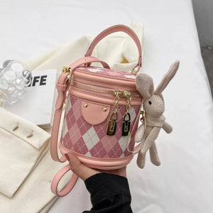 Diamond Pattern Bucket Crossbody Bag in Blush Pink, back view