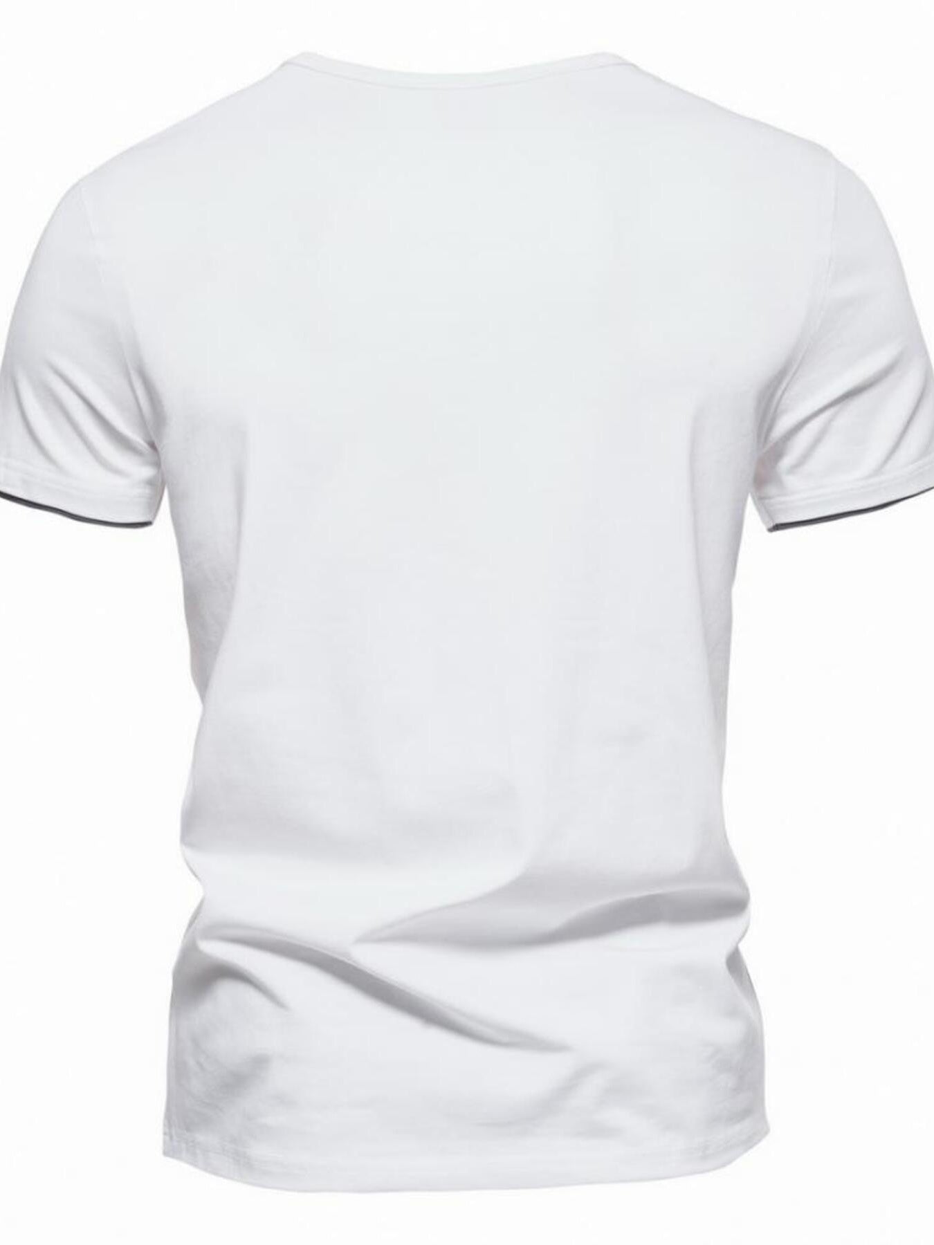 White cotton slim fit tee with dark trim on sleeves.