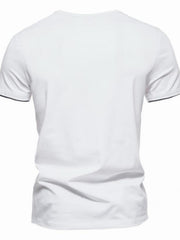 White cotton slim fit tee with dark trim on sleeves.