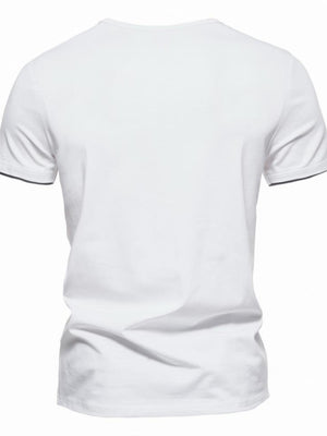 White cotton slim fit tee with dark trim on sleeves.