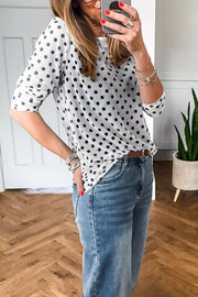 Polka Dot Sheer Mesh Long Sleeve Shift Top in White, close-up detail