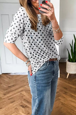 Polka Dot Sheer Mesh Long Sleeve Shift Top in White, close-up detail