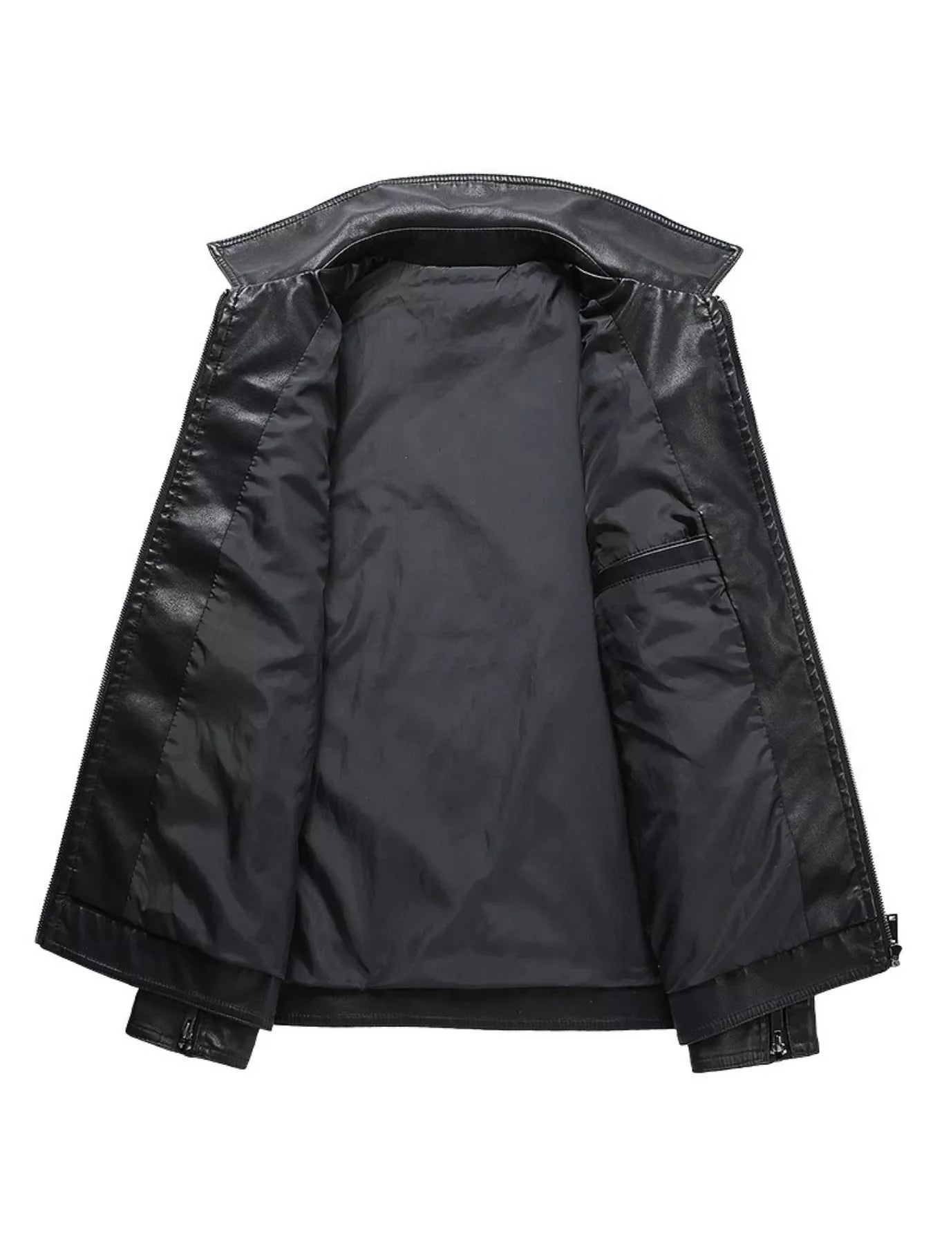 Black leather jacket with zip closure and interior pocket detail.