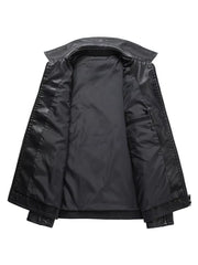 Black leather jacket with zip closure and interior pocket detail.