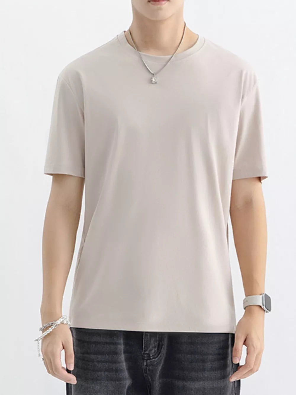 Men's Apricot Cotton Crew Neck T-Shirt with short sleeves.