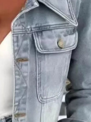 Full Size Chic Cropped Denim Jacket in Light Blue, model styling view