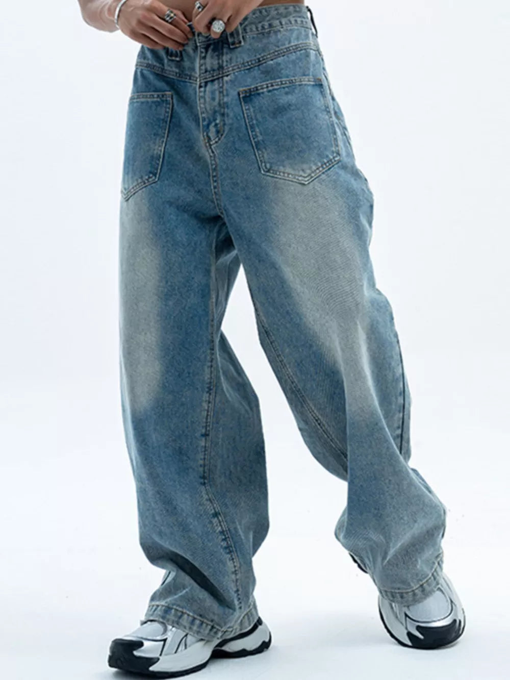 Men S Vintage Wash Wide Leg Jeans in Blue, side view