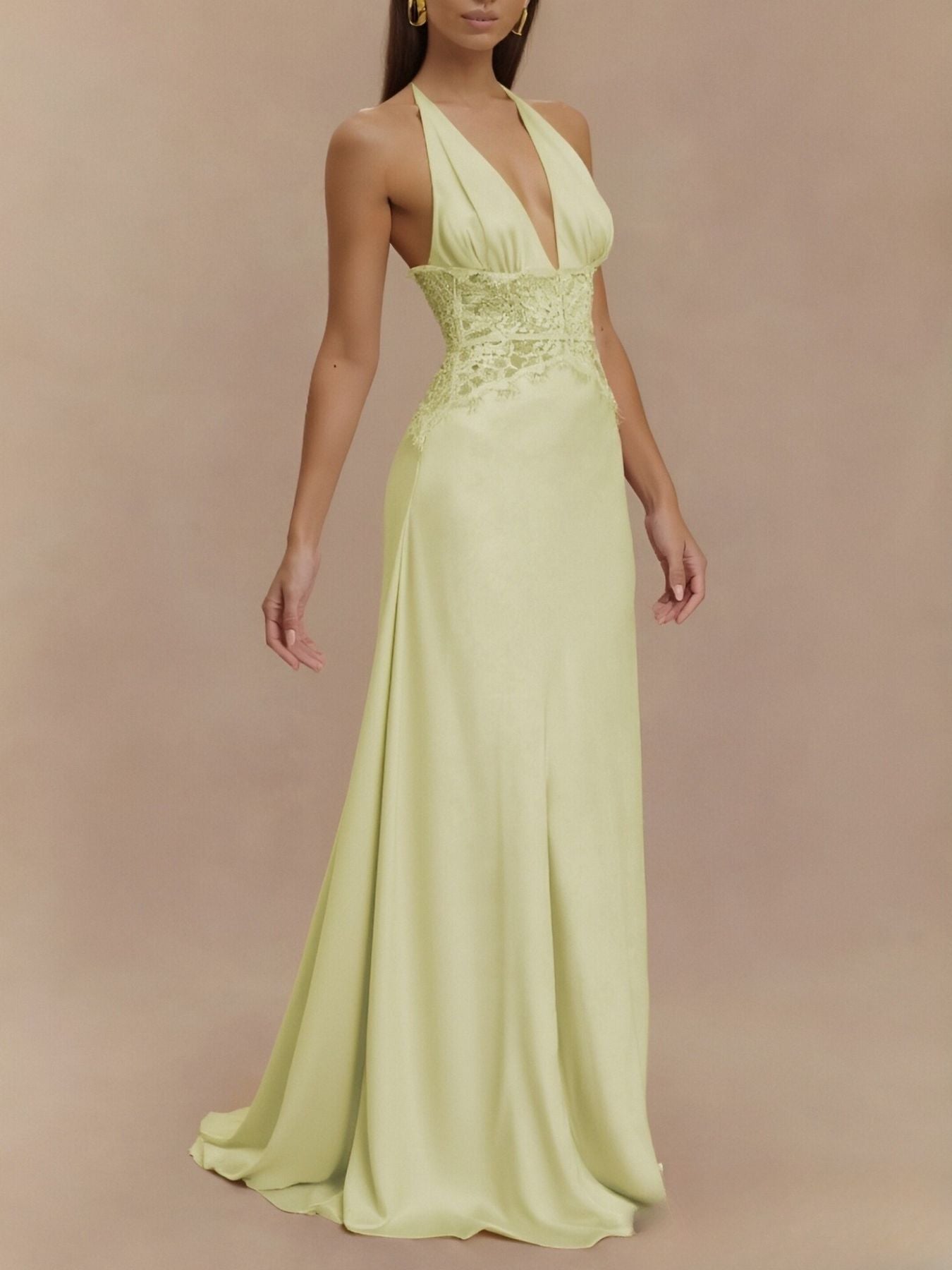 Light Yellow lace trim halter neck maxi dress with deep V-neck and fitted waist.