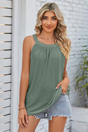 Sage eyelet halter tank top with a gathered neckline and relaxed fit