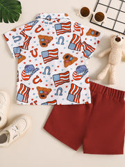 Toddler patriotic print short sleeve shirt with red shorts.