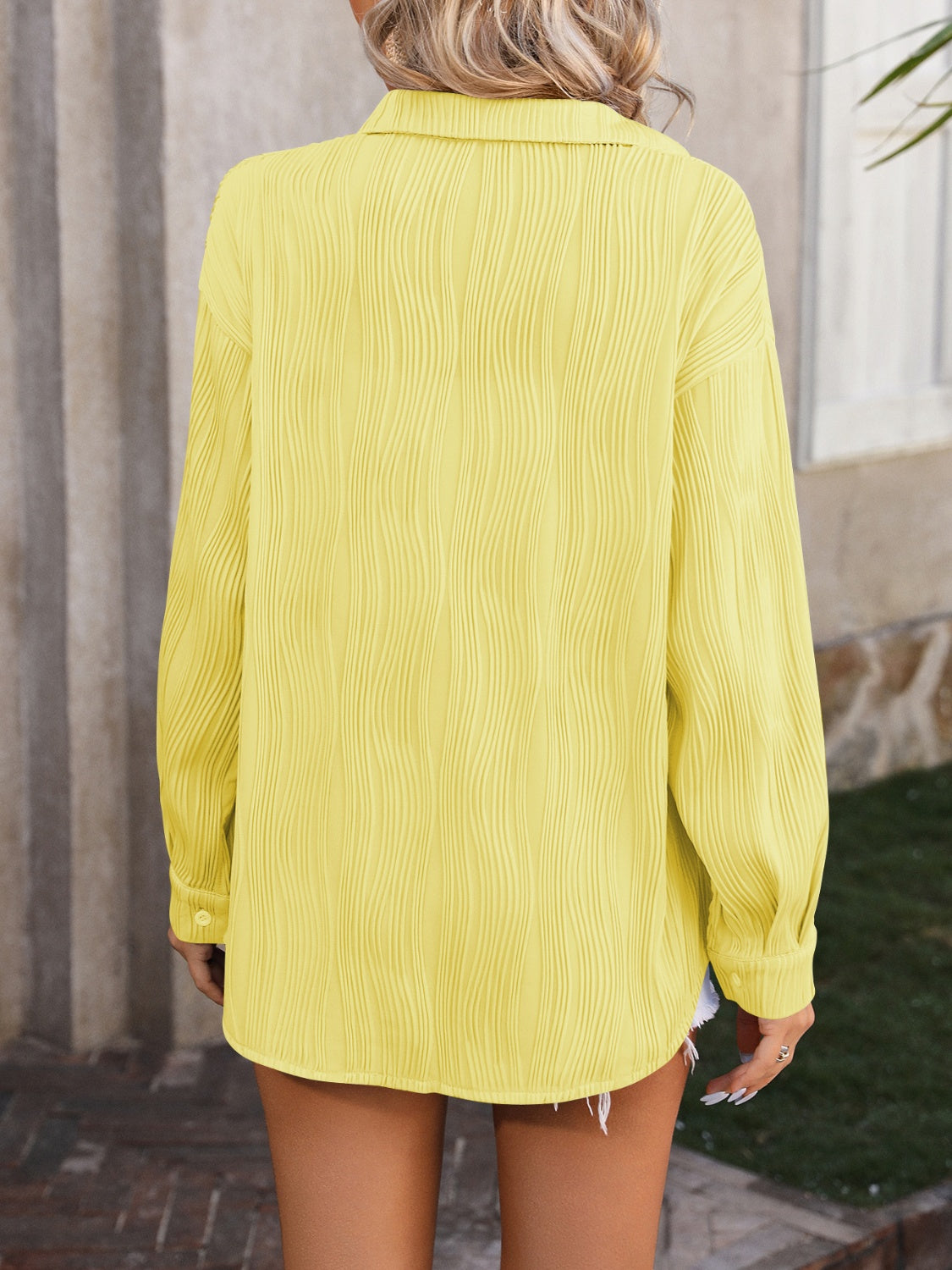 Textured pleat oversized button-down shirt in Neon Yellow with a collared neckline and long sleeves.