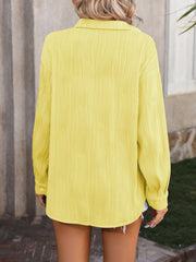 Textured pleat oversized button-down shirt in Neon Yellow with a collared neckline and long sleeves.