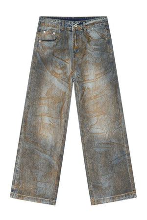 Relaxed fit acid wash denim jeans in medium blue with brown distressed details.