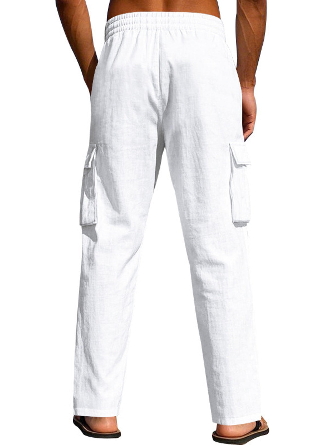 White cargo sweatpants with drawstring waist and side pockets