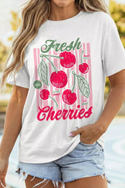 White oversized maternity tee with vintage cherry graphic and pink stripes.