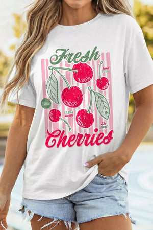 White oversized maternity tee with vintage cherry graphic and pink stripes.