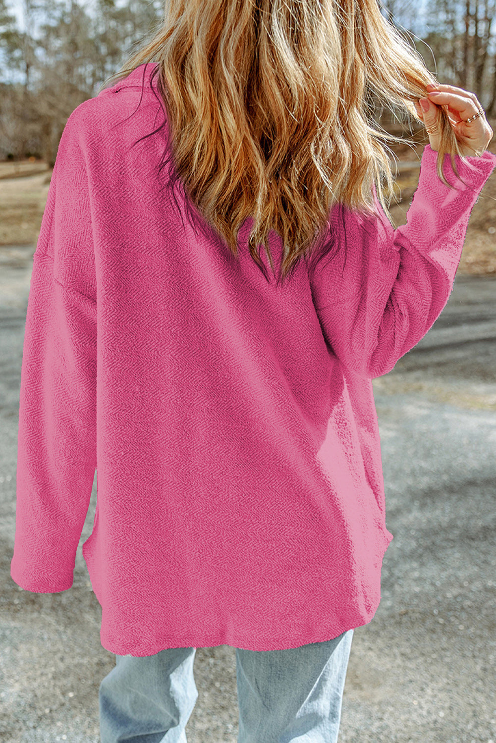 Hot Pink shacket with textured fabric and raw-edge detailing.