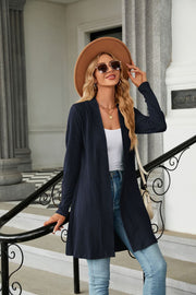 Dark Blue textured knit open-front duster cardigan with long sleeves and a relaxed fit.