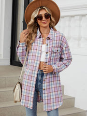 Oversized pastel plaid shacket with buttoned front and chest pockets.