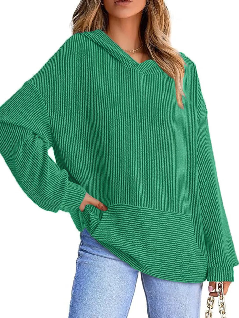 Green ribbed V-neck oversized hoodie sweatshirt with balloon sleeves and a front pocket.