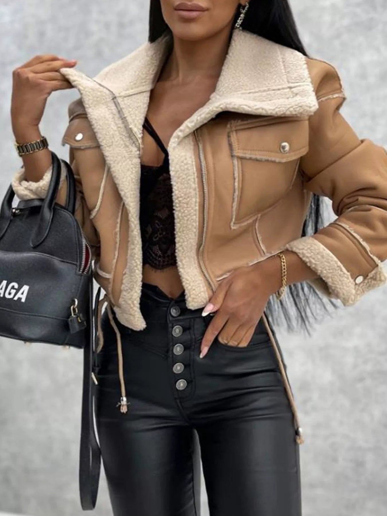 Cropped khaki sherpa-trim jacket with zip front and buttoned pockets.