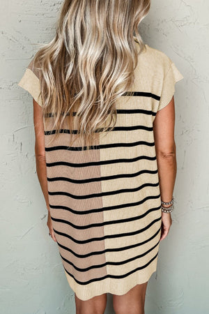 Colorblock ribbed mini dress with black stripes and short sleeves.