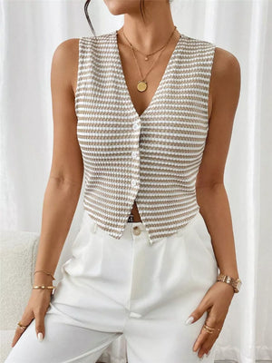 Chic striped knit v-neck tank top with button front in taupe and white.