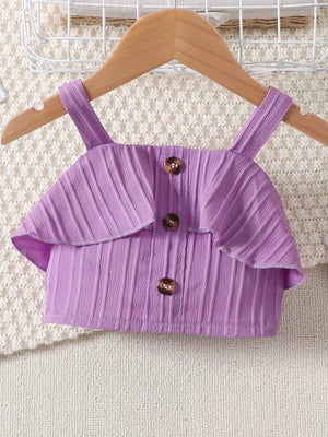 Violet ruffled ribbed toddler set with button front and spaghetti straps.
