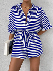 Striped Button Front Half Sleeve Romper in Dark Blue, back view