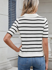 Nautical stripe knit polo top in black and white with a collar and short sleeves.