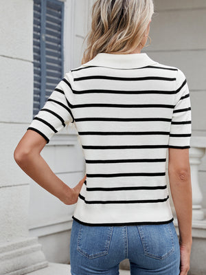 Nautical stripe knit polo top in black and white with a collar and short sleeves.
