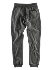 Dark gray relaxed fit joggers with leather pocket detail and ribbed cuffs.