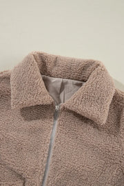 Mocha teddy bomber jacket with zip front and collar detail