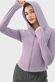 Lavender active hoodie with thumbholes and full zip closure.